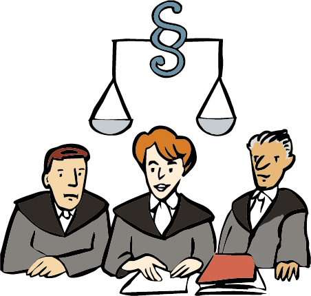 Das Gericht sind hier drei Richter. Die Richter müssen nach den Gesetzen entscheiden. Im Hinter-Grund ein Zeichen für Recht-sprechen.